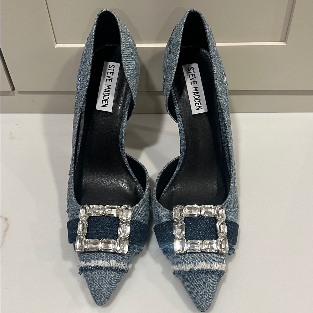 Steve Madden Denim Crystal-Buckle Pointed Toe Pumps - Blue